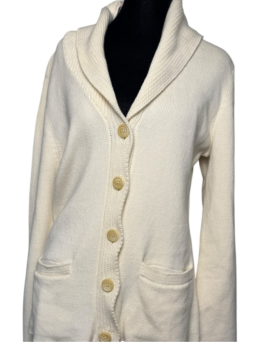 Chaps Classics Off-White Cotton Chunky Knit Button-Up Cardigan with Pleated Back - Picture 2 of 12